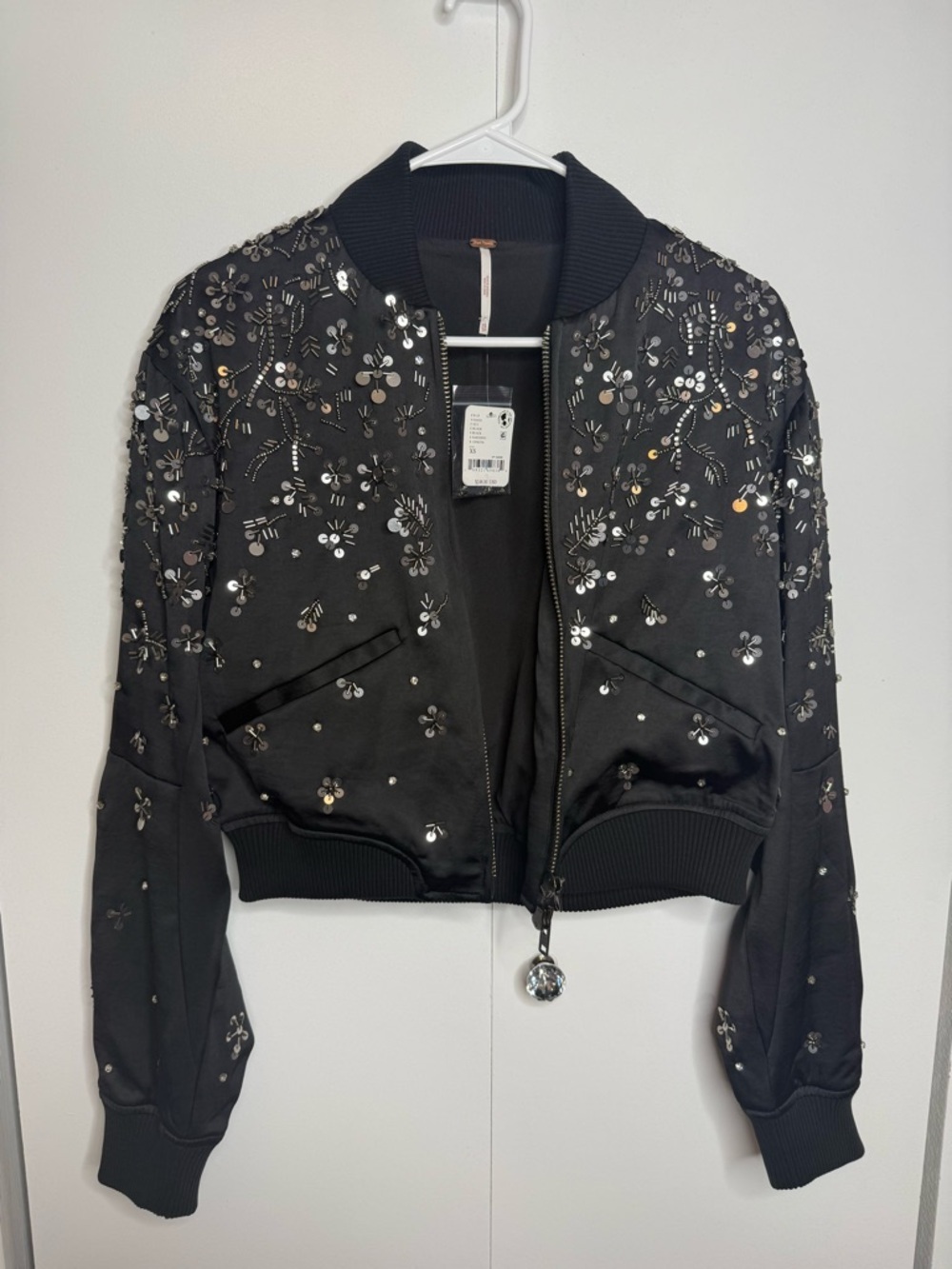 Free People Stassi Embellished Bomber jacket Black Silver Beaded Sequins XS NWT - Picture 5 of 11